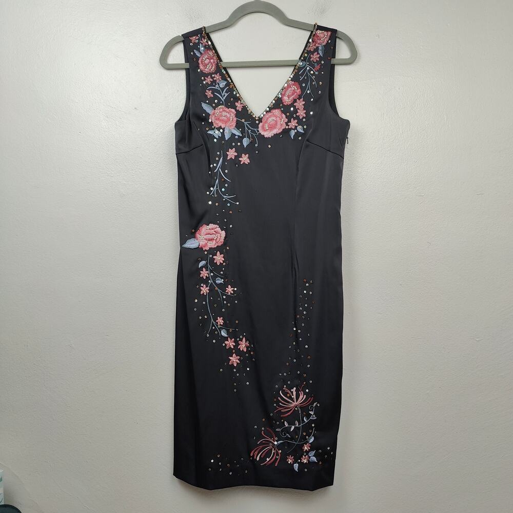 Vintage Spenser Jeremy Fairy Dress Size 6‎ Black Sheath Floral Embroidered Bling